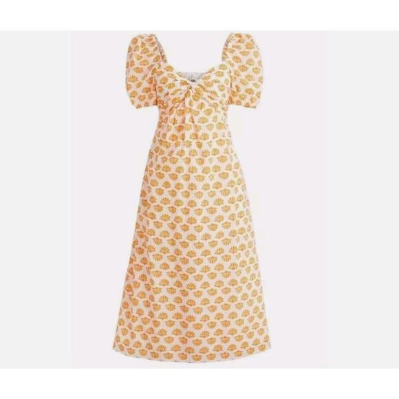 J. Crew Seashell Print Midi Dress Puff Sleeve Size 2 Orange White Resortwear - Picture 3 of 14